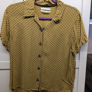 Urban Outfitters Mustard Geometric Short Sleeve Button-Up